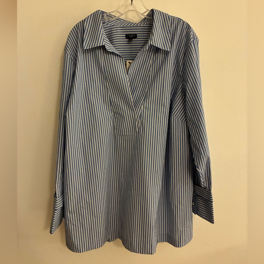 Talbots Blue & White Vertical Stripe Tunic Shirt, NWT